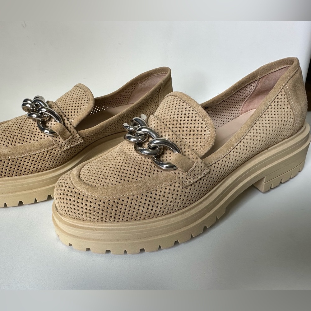 Napoleoni Tan Suede Loafers with Silver Chain Detail